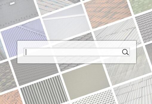 visualización de la barra de búsqueda en el fondo de un collage de muchas imágenes con fragmentos de varios tipos de techos. conjunto de imágenes con techos foto