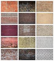 A collage of many pictures with fragments of brick walls of different colors close-up. Set of images with varieties of brickwork photo