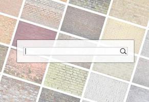 Visualization of the search bar on the background of a collage of many pictures with fragments of brick walls of different colors close-up. Set of images with varieties of brickwork photo