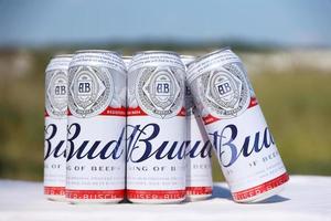 SUMY, UKRAINE - AUGUST 01, 2022 Many Cans of Budweiser Lager Alcohol Beer - Budweiser is a Brand from Anheuser-Busch Inbev photo