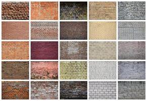 A collage of many pictures with fragments of brick walls of different colors close-up. Set of images with varieties of brickwork photo