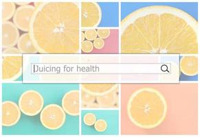 Visualization of the search bar on the background of a collage of many pictures with juicy oranges. Juicing for health photo