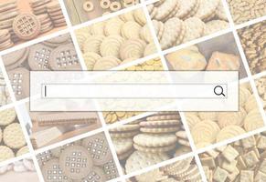 Visualization of the search bar on the background of a collage of many pictures with various sweets close-up. A set of images with varieties of biscuits, bagels and candies photo