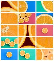 un collage de muchas fotos con jugosas naranjas. conjunto de imágenes con frutas sobre fondos de diferentes colores