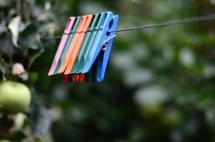 Clothespins on a rope hanging outside house and apple tree photo