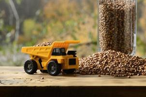 un pequeño camión de juguete amarillo está cargado con granos marrones de trigo sarraceno alrededor de la pila de trigo sarraceno y un vaso de grupa. un coche sobre una superficie de madera sobre un fondo de bosque otoñal. entrega de trigo sarraceno foto