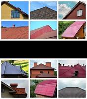 A collage of many pictures with fragments of various types of roofing. Set of images with roofs photo