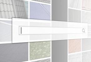 Visualization of the search bar on the background of a collage of many pictures with fragments of various types of roofing close up. A set of images with roof coating textures photo