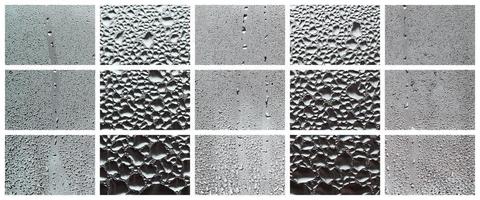 A collage of many different fragments of glass, decorated with rain drops from the condensate. Black and white tones photo
