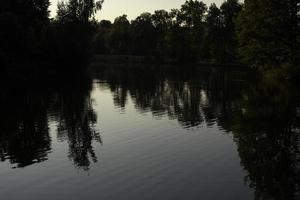 ventilador en estanque en el parque. reflejo del bosque en el agua. lago después del atardecer. foto