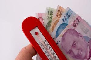billetes de lira turca al lado de una temperatura de color rojo