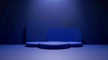 Dark blue 3d podium with large spotlights in the middle for product display and showcase photo