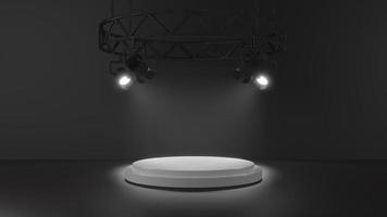 Dark black 3d podium Background with studio spotlights for product display and showcase photo