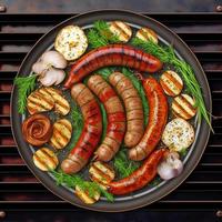 Grilled sausage with the addition of herbs and vegetables on the grill plate photo