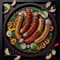 Grilled sausage with the addition of herbs and vegetables on the grill plate photo