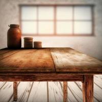 wooden rustic table and window decoration photo