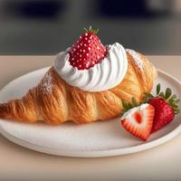 Croissant on the white plate, with fresh strawberry and whipped cream. photo