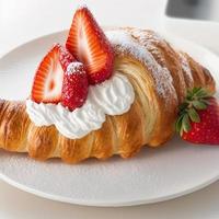 Croissant on the white plate, with fresh strawberry and whipped cream. photo