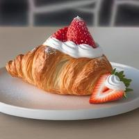 Croissant on the white plate, with fresh strawberry and whipped cream. photo