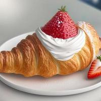 Croissant on the white plate, with fresh strawberry and whipped cream. photo