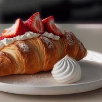 Croissant on the white plate, with fresh strawberry and whipped cream. photo