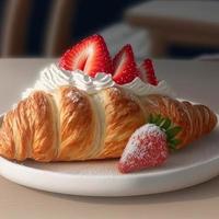 Croissant on the white plate, with fresh strawberry and whipped cream. photo