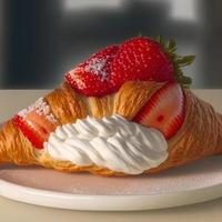 Croissant on the white plate, with fresh strawberry and whipped cream. photo