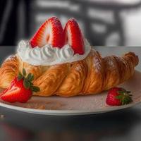 Croissant on the white plate, with fresh strawberry and whipped cream. photo