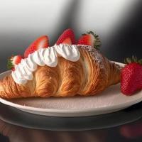 Croissant on the white plate, with fresh strawberry and whipped cream. photo