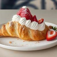 Croissant on the white plate, with fresh strawberry and whipped cream. photo