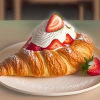 Croissant on the white plate, with fresh strawberry and whipped cream. photo