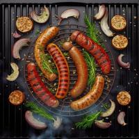 Grilled sausage with the addition of herbs and vegetables on the grill plate photo