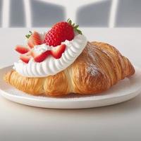 Croissant on the white plate, with fresh strawberry and whipped cream. photo