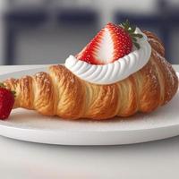 Croissant on the white plate, with fresh strawberry and whipped cream. photo