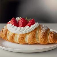 Croissant on the white plate, with fresh strawberry and whipped cream. photo