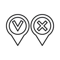 Pin with tick and cross icon, outline style vector