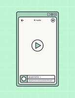 reproductor de video vertical para la interfaz de la aplicación de redes sociales. breve maqueta de video en estilo de diseño retro. vector