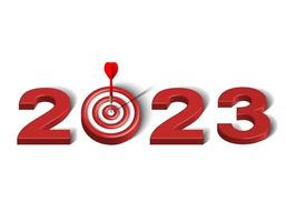 Red dart hit to center of dartboard between number. New Year 3d target and goals with symbol of 2023. Business success, investment goal, financial strategy, purpose achievement vector concept.