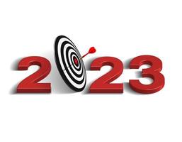 Red dart hit to center of dartboard between number. New Year 3d target and goals with symbol of 2023. Business success, investment goal, financial strategy, purpose achievement vector concept.