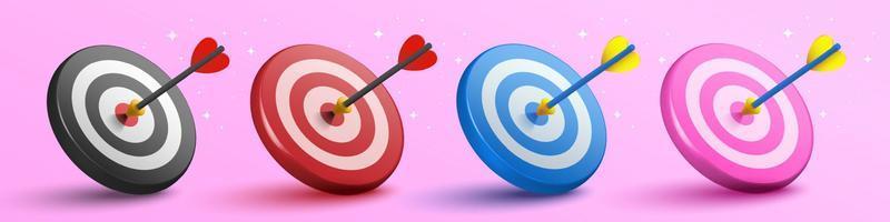 Colorful 3d dart hit to center of dartboard. Arrow on bullseye in target. Business success, investment goal, opportunity challenge, aim strategy, achievement focus concept. 3d vector illustration
