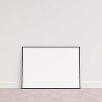 Empty picture frame on wooden floor leaning against wall. Blank poster frame standing on wooden floor. Blank poster frame mockup. Empty picture frame mockup. 3d rendering. photo