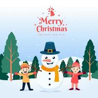 Kids Playing with Cute Snowman with Hat in the Snow Rain vector