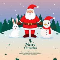 Tarjeta de felicitación navidad santa con conejo y muñeco de nieve en la lluvia de nieve ilustración vectorial vector