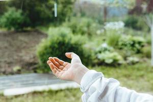 open palms during the rain, close-up. Hands collect water during the rain. enjoy the rain photo