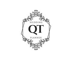 QT Initials letter Wedding monogram logos collection, hand drawn modern minimalistic and floral templates for Invitation cards, Save the Date, elegant identity for restaurant, boutique, cafe in vector
