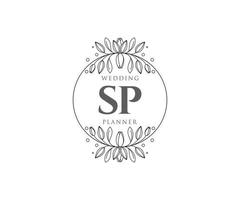 Colección de logotipos de monograma de boda con letras iniciales sp, plantillas florales y minimalistas modernas dibujadas a mano para tarjetas de invitación, guardar la fecha, identidad elegante para restaurante, boutique, café en vector