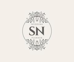 SN Initials letter Wedding monogram logos collection, hand drawn modern minimalistic and floral templates for Invitation cards, Save the Date, elegant identity for restaurant, boutique, cafe in vector