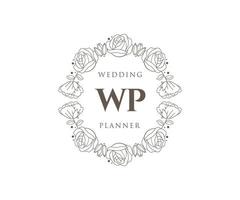 colección de logotipos de monogramas de boda con letras iniciales wp, plantillas florales y minimalistas modernas dibujadas a mano para tarjetas de invitación, guardar la fecha, identidad elegante para restaurante, boutique, café en vector