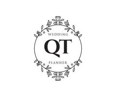 QT Initials letter Wedding monogram logos collection, hand drawn modern minimalistic and floral templates for Invitation cards, Save the Date, elegant identity for restaurant, boutique, cafe in vector