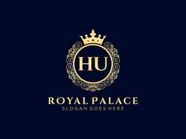 Letter HU Antique royal luxury victorian logo with ornamental frame. vector